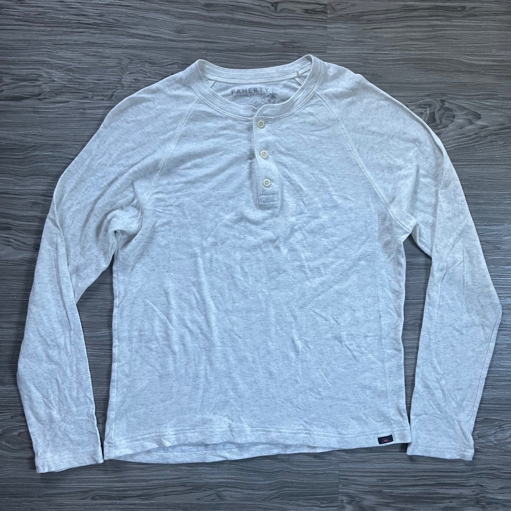 Faherty Cloud Cotton Long Sleeve Henley Mens Medium Ivory Heather MKF2425-IVH